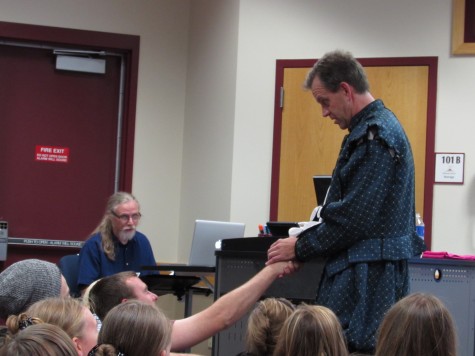 Mooney interacts with NIC student, Michael Kain, during "Shakespeare's Histories"