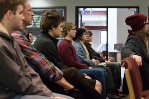 Students and faculty listen to a lecture on Ayn Rand. Thomas Hansen/The Sentinel